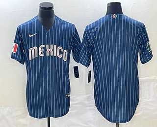 Men%27s Mexico Baseball Blank 2023 Navy Blue Pinstripe World Baseball Classic Stitched Jersey